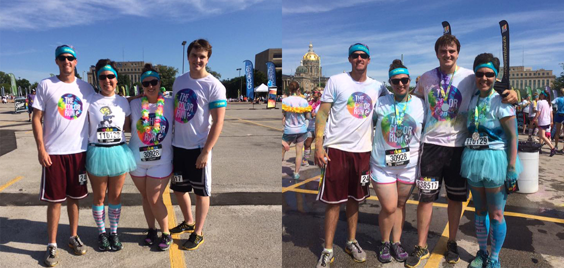Pre-race photo on left (from left to right): Kevin Simoens, Tammy Smith, Heidi Bingenheimer, and Chris Heck.  Post-race photo on right (from left to right): Kevin Simoens, Heidi Bingenheimer, Chris Heck, and Tammy Smith.